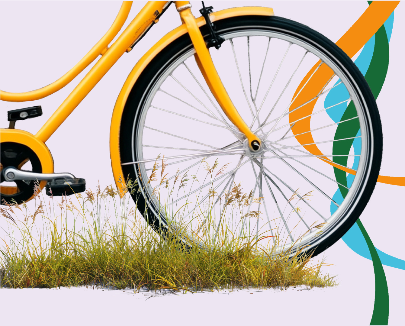 Close-up of a bright yellow bicycle wheel and frame positioned over a patch of grass, with colorful abstract lines in the background.
