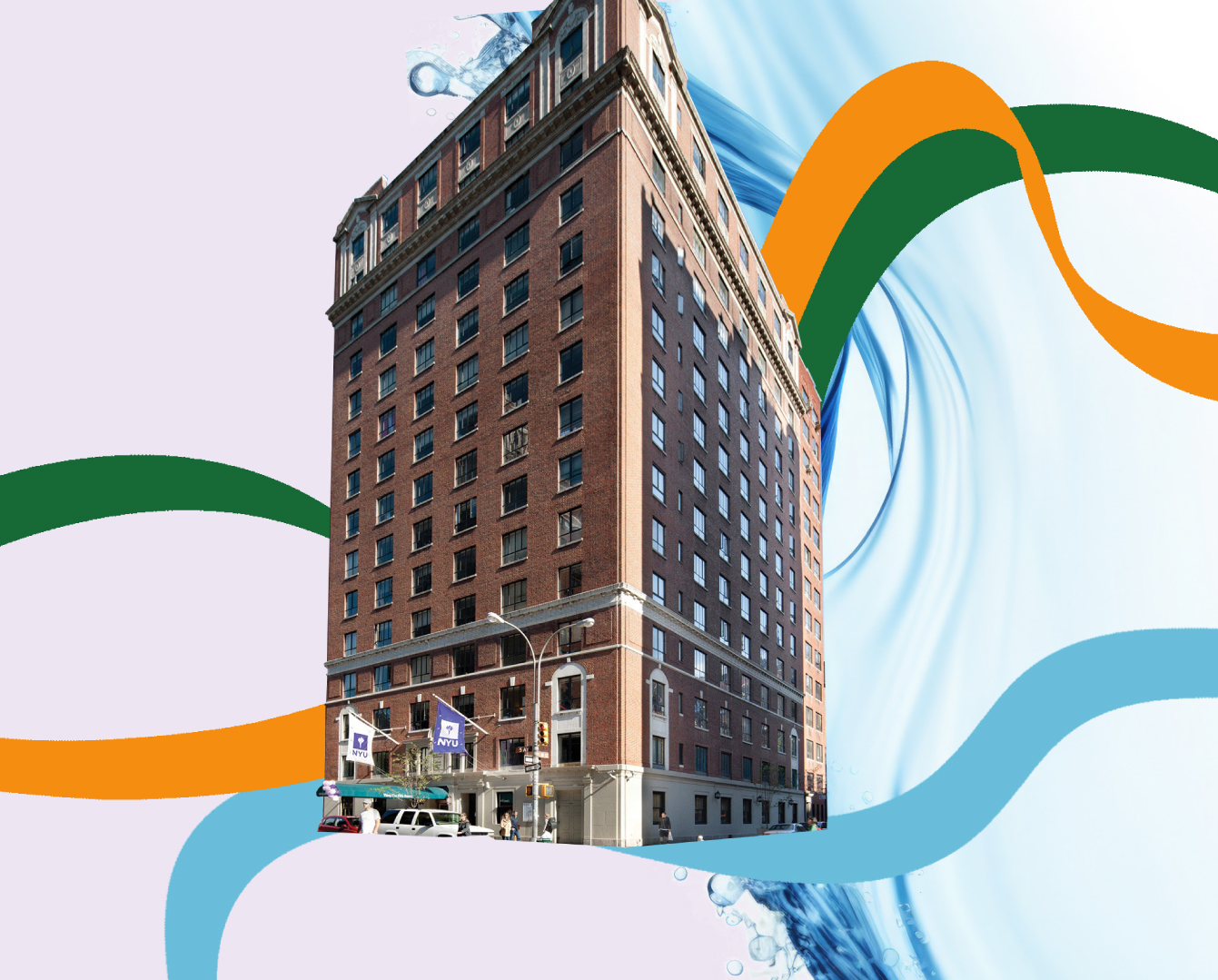 A tall red-brick building on a city corner with NYU flags at the entrance is set against a stylized background of flowing blue water and colorful abstract lines.