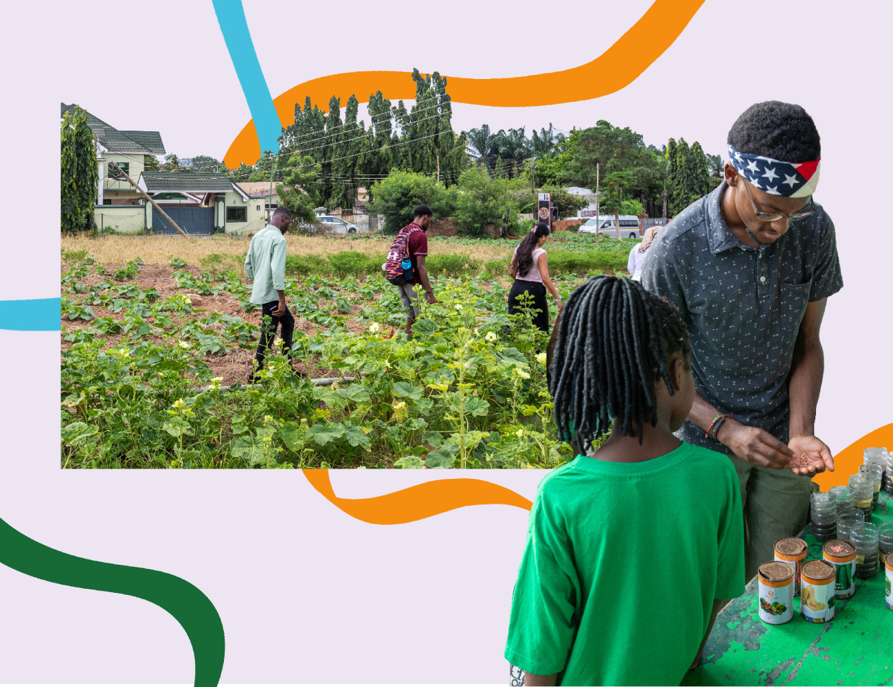 Students walk through a garden, with a student showing something to a child in the foreground and colorful curved lines in the background.