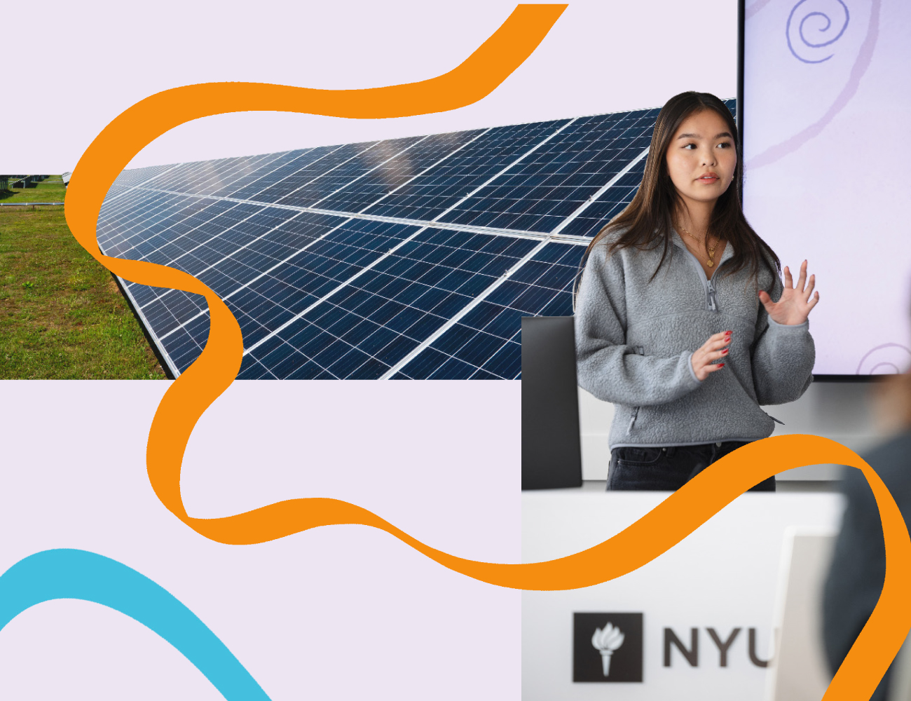 A student gives a presentation beside a screen, with solar panels in the background and colorful curved lines overlaying the image.