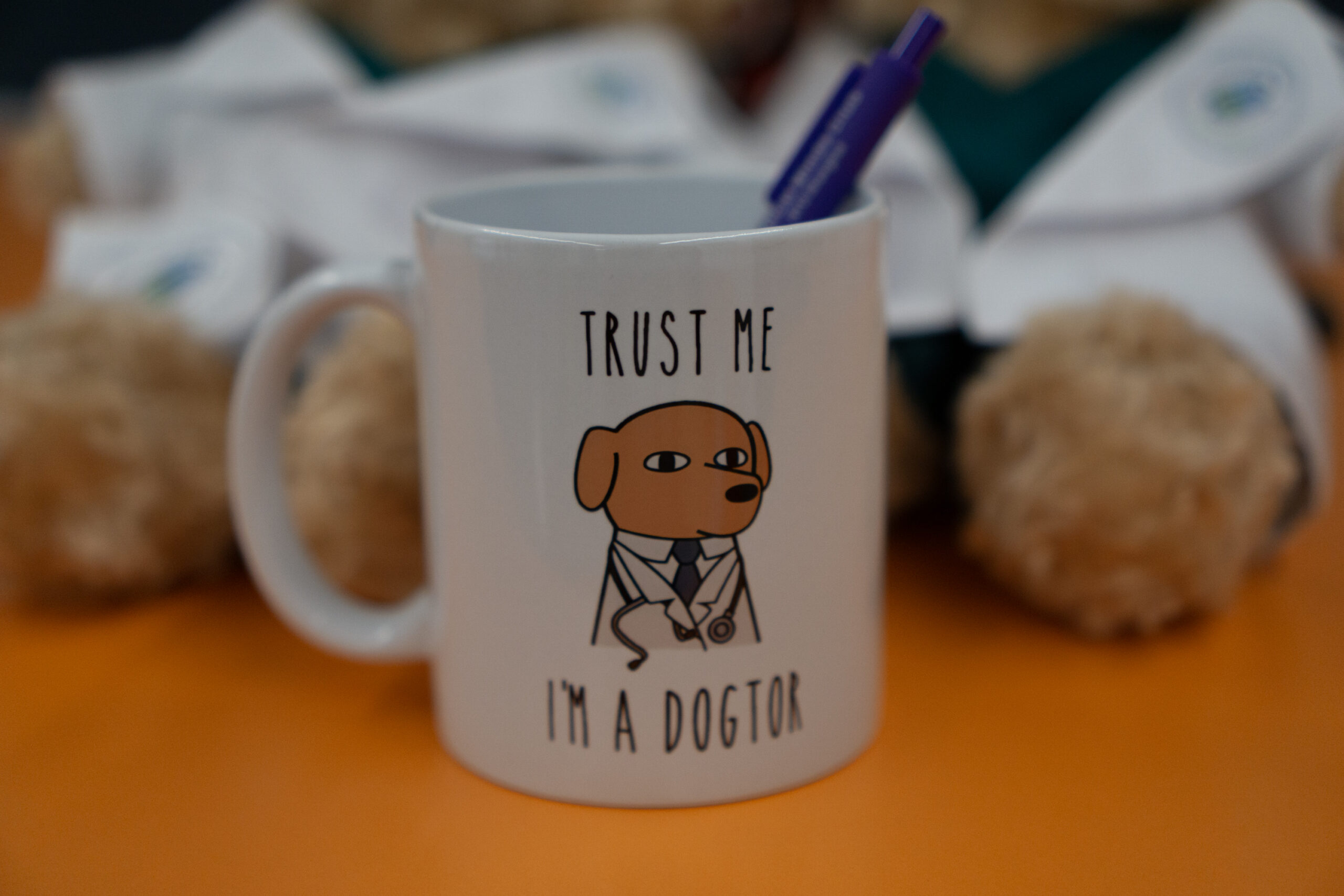 A mug featuring a dog illustration reads 