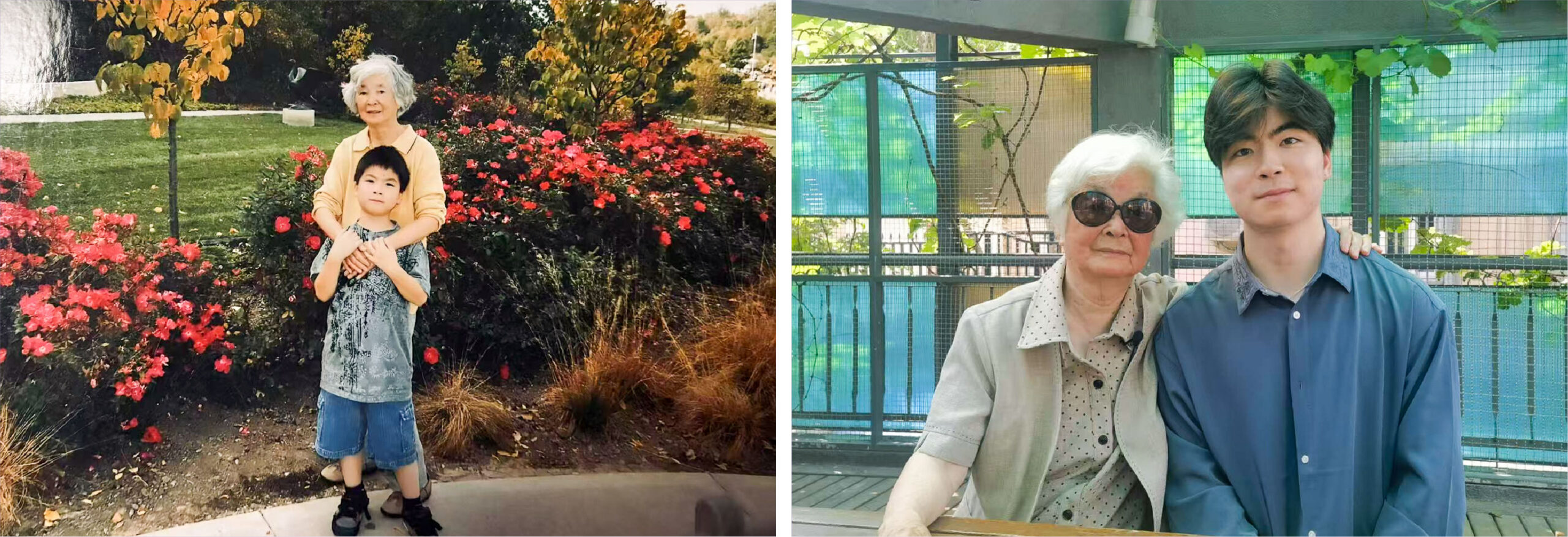On the left, Addison Zhang’s grandmother hugs him as a child; on the right, they sit together during his time in Shanghai.