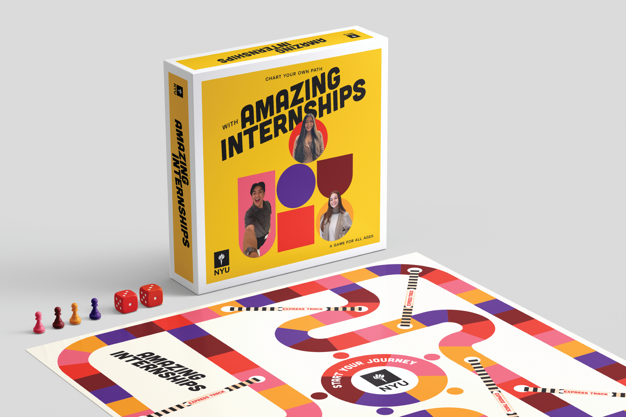 Mockup of a colorful NYU-themed board game called “Amazing Internships.”