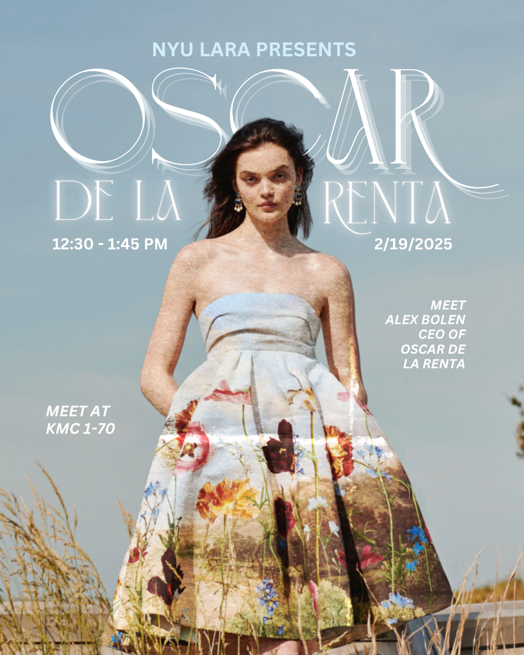 Promotional event poster featuring a fashion model in a floral dress.