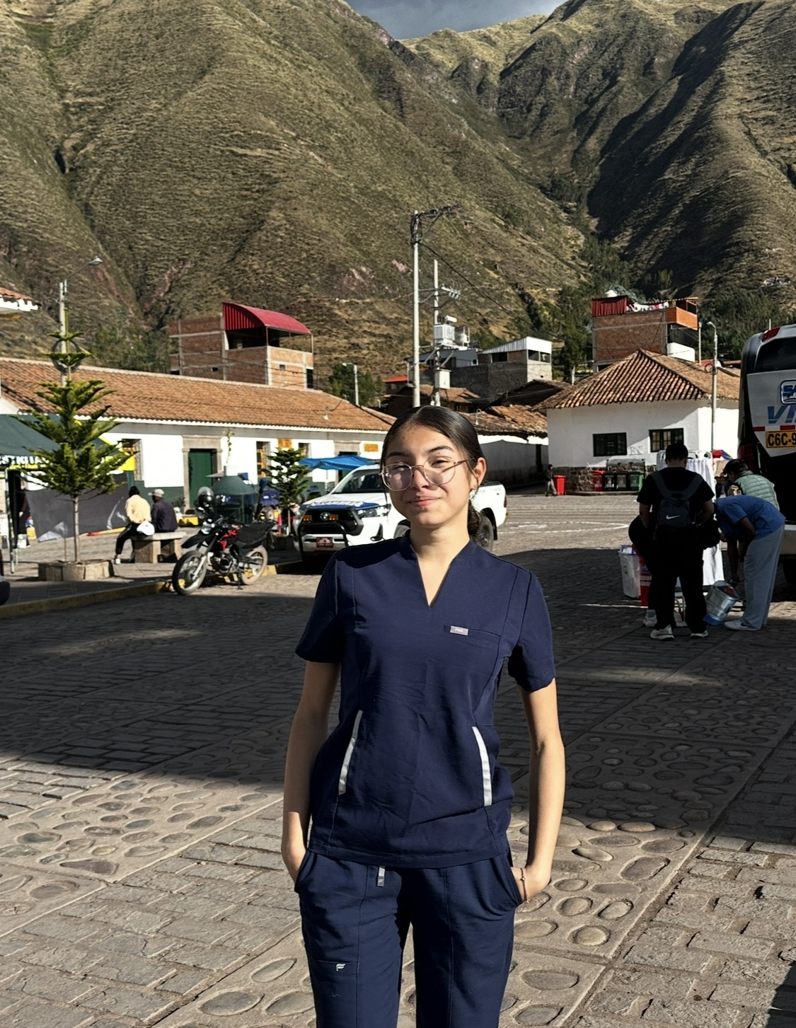 Emmaley Abreu wearing her scrubs in Peru