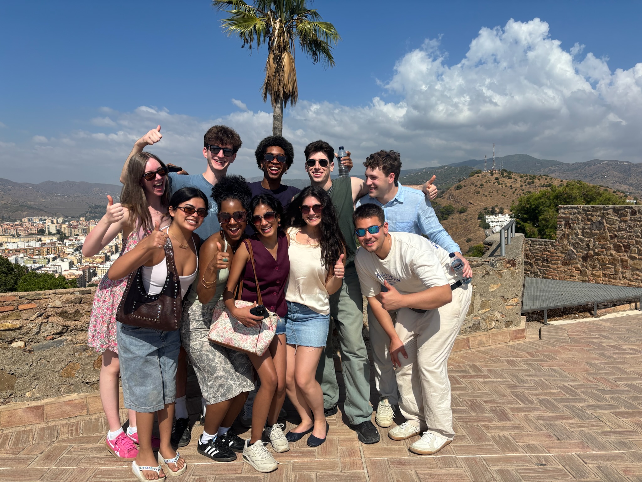 Group of actors poses in summer clothes in front of tropical landscape.