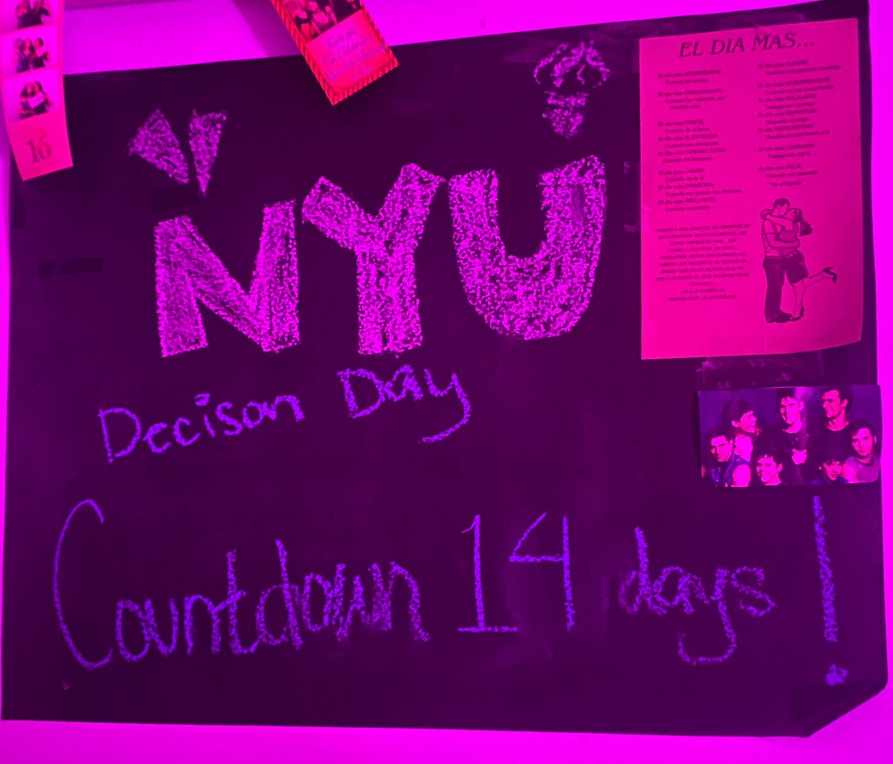 Chalkboard post of NYU Countdown from fourteen days.